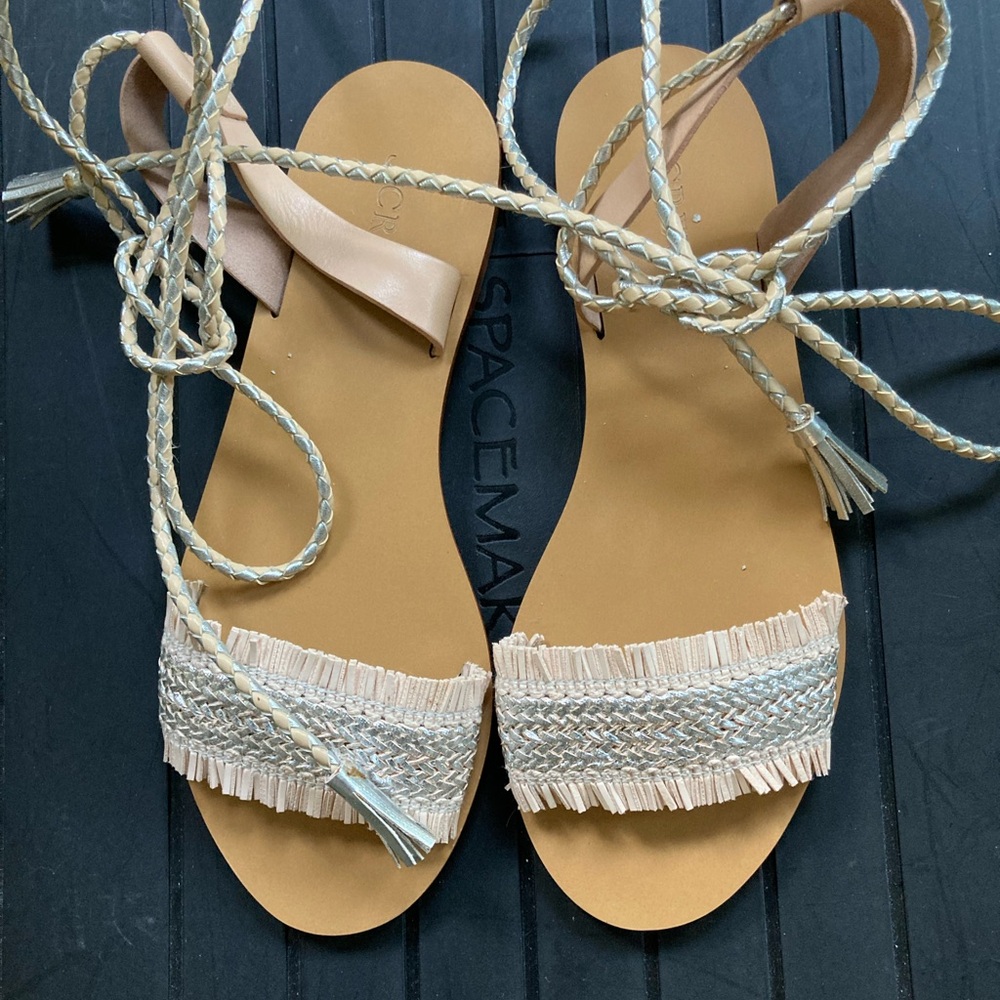 J Crew sandals leather/straw Sz 6.5M tan/silver strappy ankle wrap flats